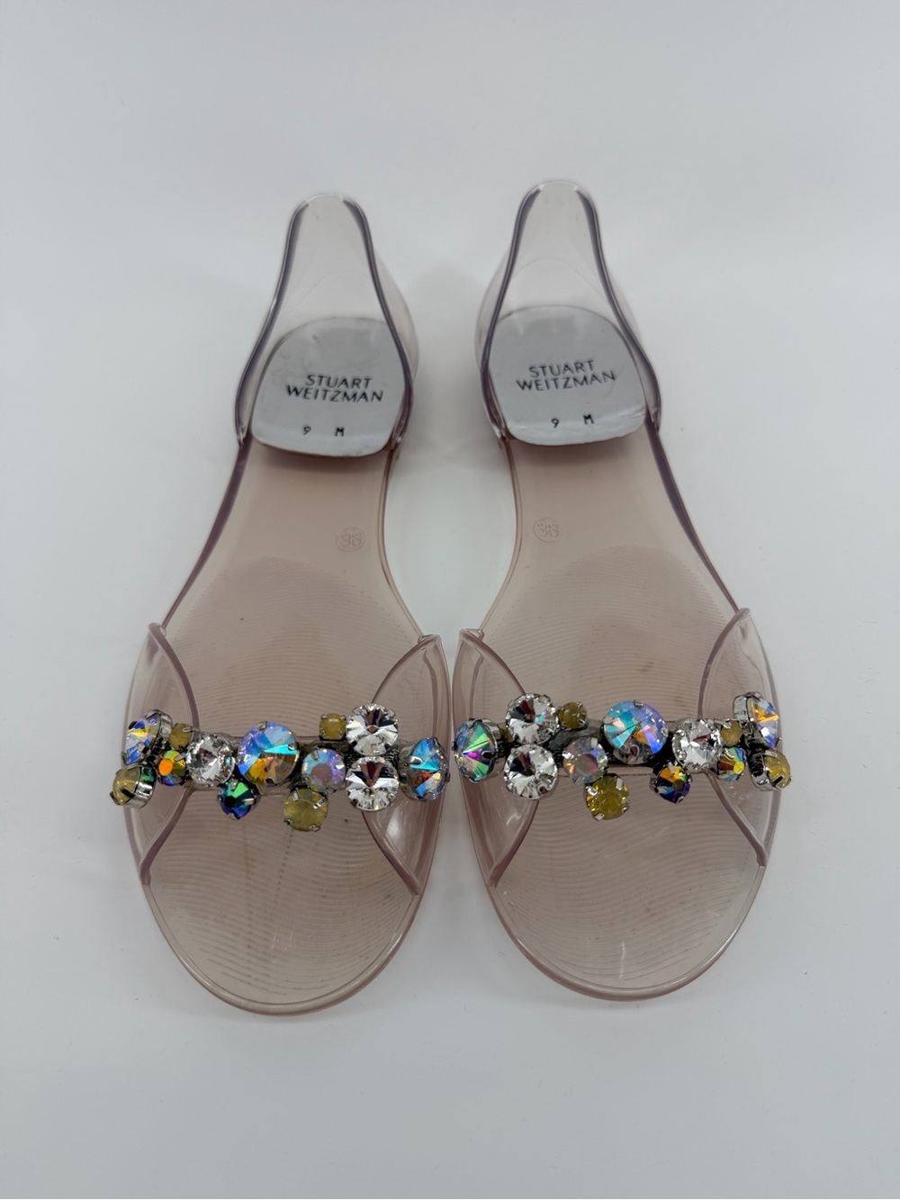Stuart Weitzman Clear Jelly D’orsay Flat Sandals Open Toe with Jewels Rhinestons